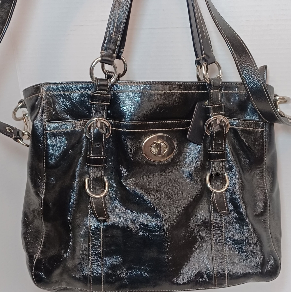 Coach Black Patent Leather Chelsea Tote Bag Shoulder Purse F14022 SilverTurnlock